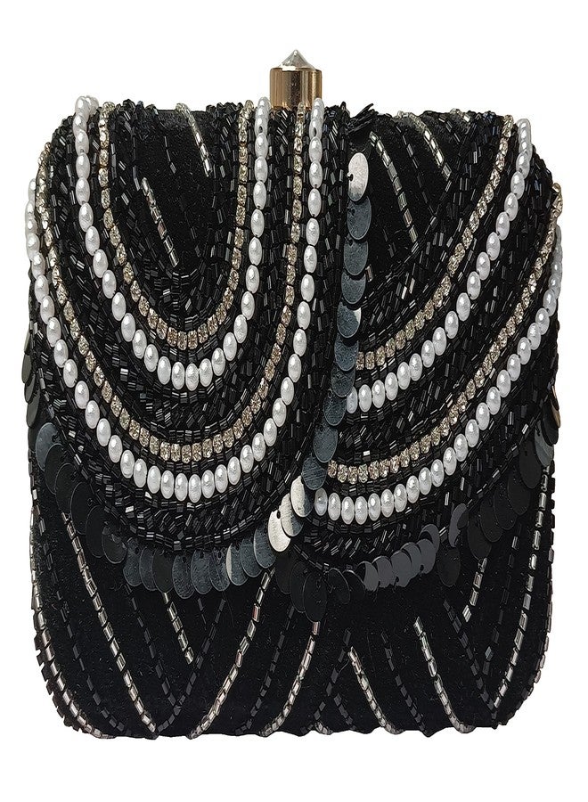 DUCHESS Women Hand Embroidered Sequins Box Clutch for Wedding Party (Black) - Image 1